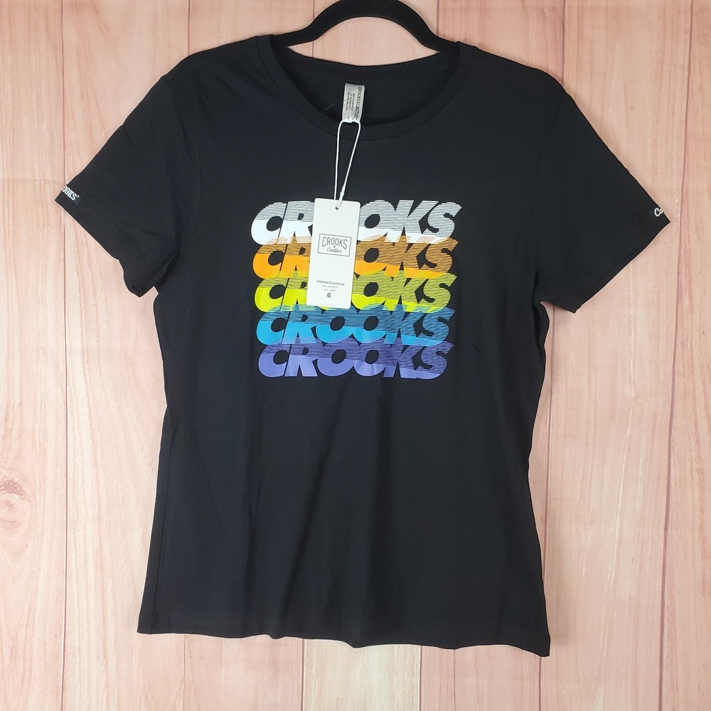 Crooks & Castles Sportex Multi T Shirt Womens Large Black Graphic Print Cotton